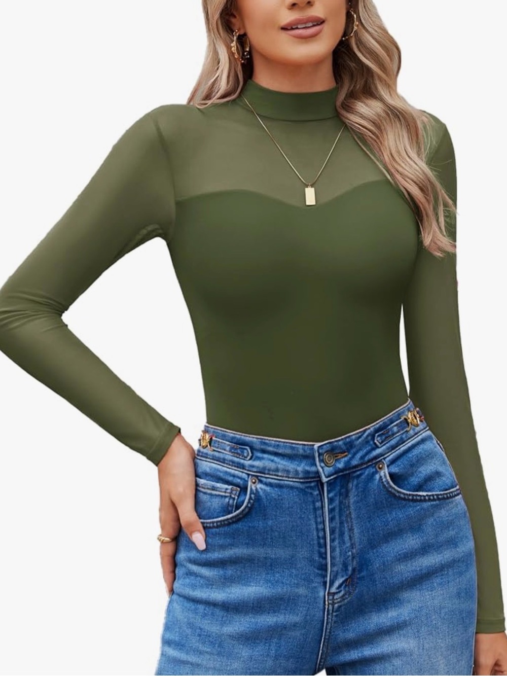 SHEIN Olive Green Mesh Yoke Long Sleeve Bodysuit